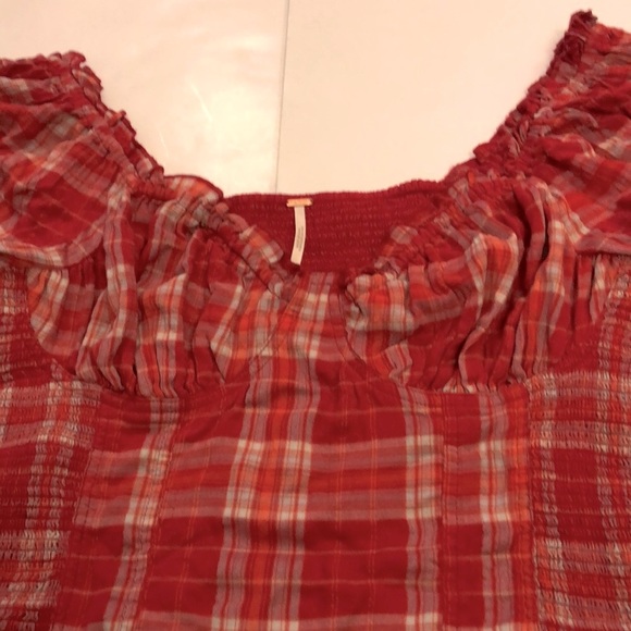 Free People L Top Red Plaid Ruffle Bustier Smocking Very Stretchy Excellent - Picture 7 of 10